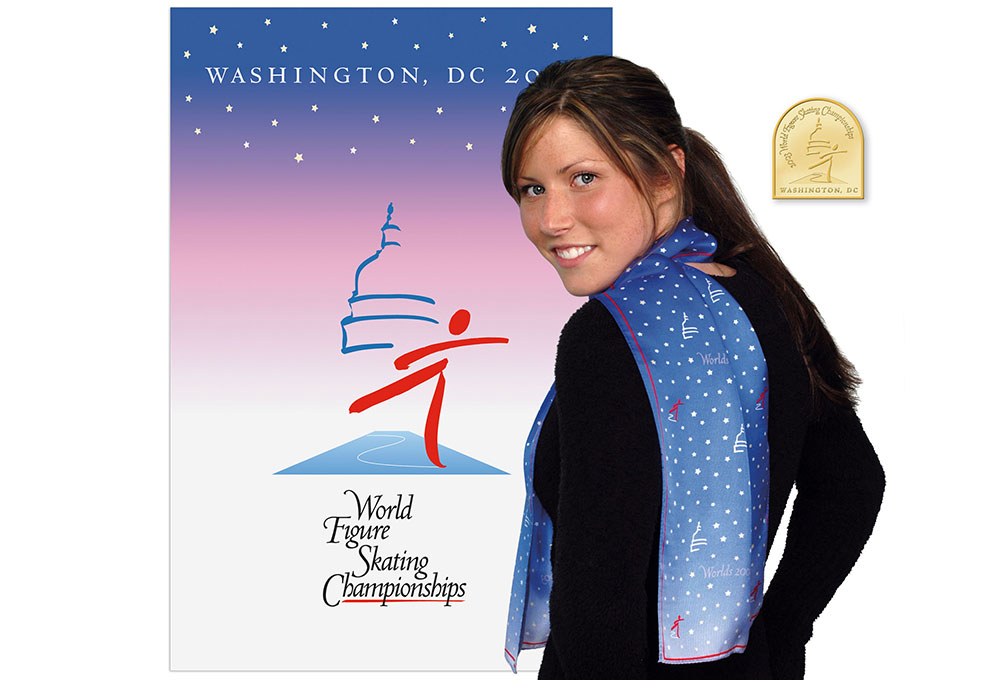 Skating Championship poster, scarf, and pin